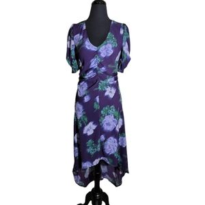 A New Day purple floral v neck ruched high low midi dress small short sleeve
